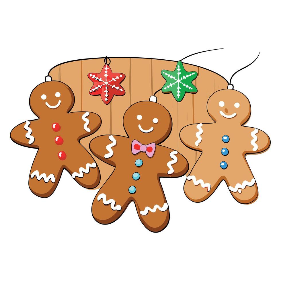 Christmas gingerbread cookies on a wooden background. Decorated with snowflakes and garlands. vector