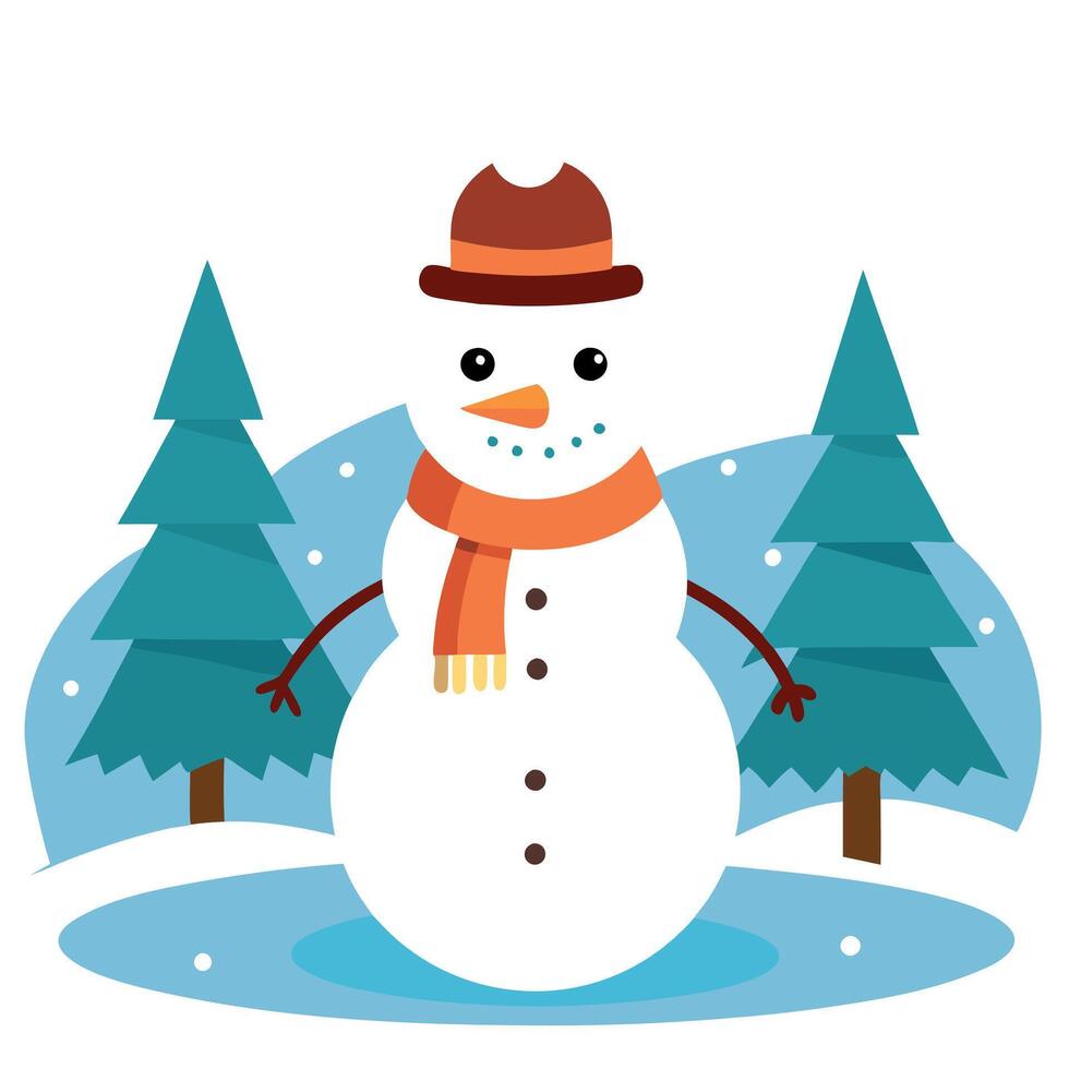 Cute traditional snowman standing in winter landscape as christmas illustration vector
