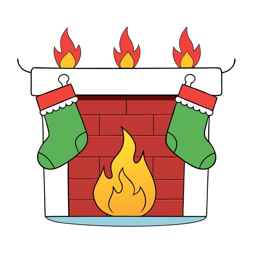 Christmas gift socks hanging on the fireplace with fire vector