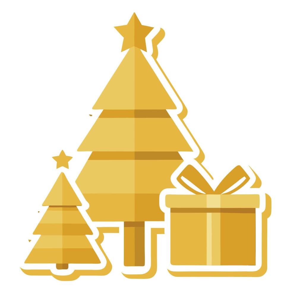 Sticker. Clipart set of golden christmas tree and gift box on transparent background. vector