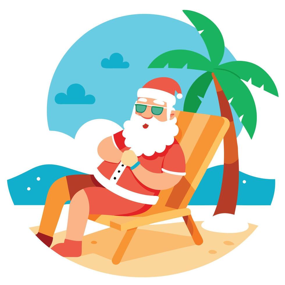 Funny Christmas scene of Santa Claus resting on sunlounger in a paradise beach. vector