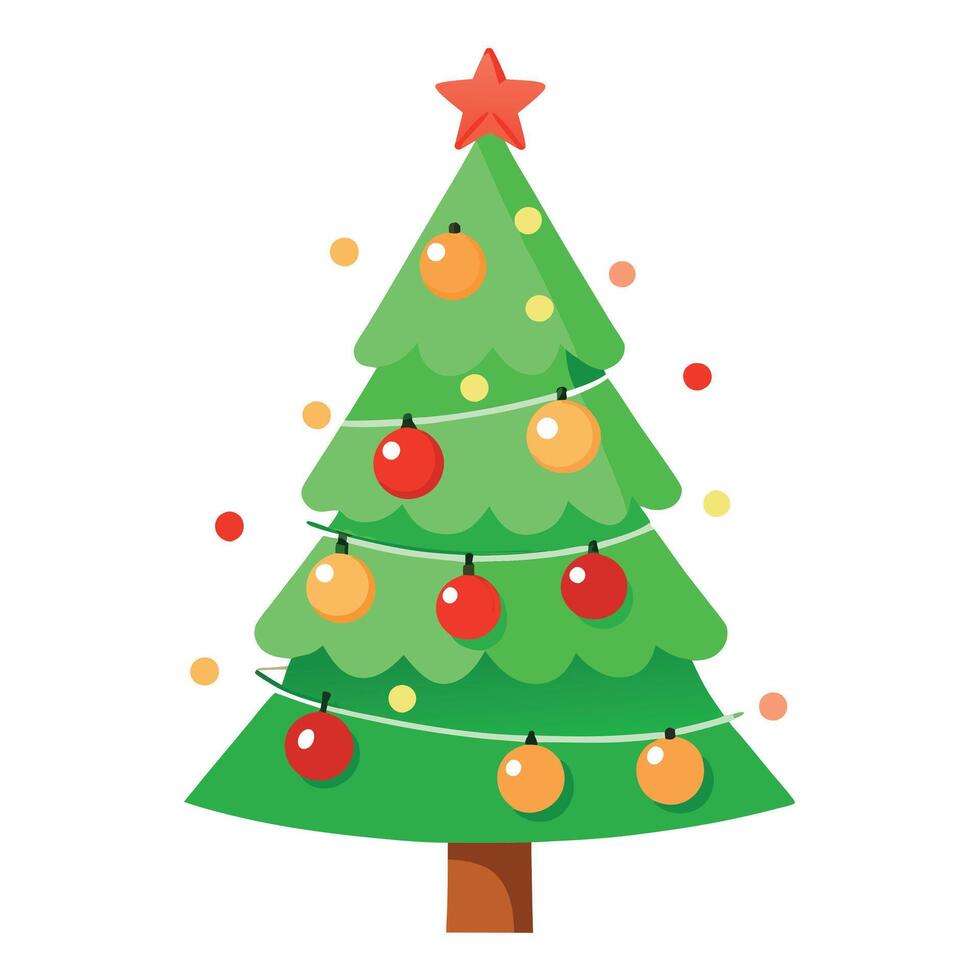 Christmas tree cartoon with red balls and garland watercolor style on a white background. vector