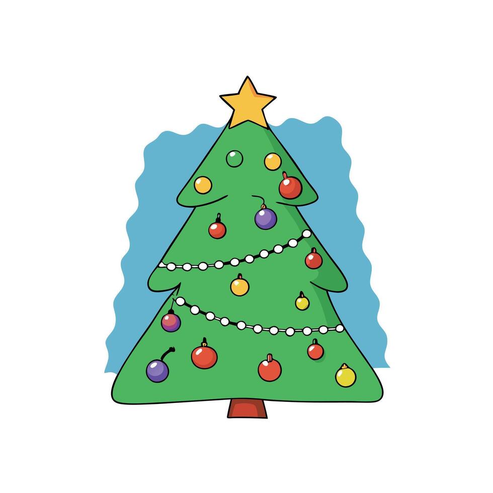 Christmas tree decorated with lights at night. Oil painting greeting card vector