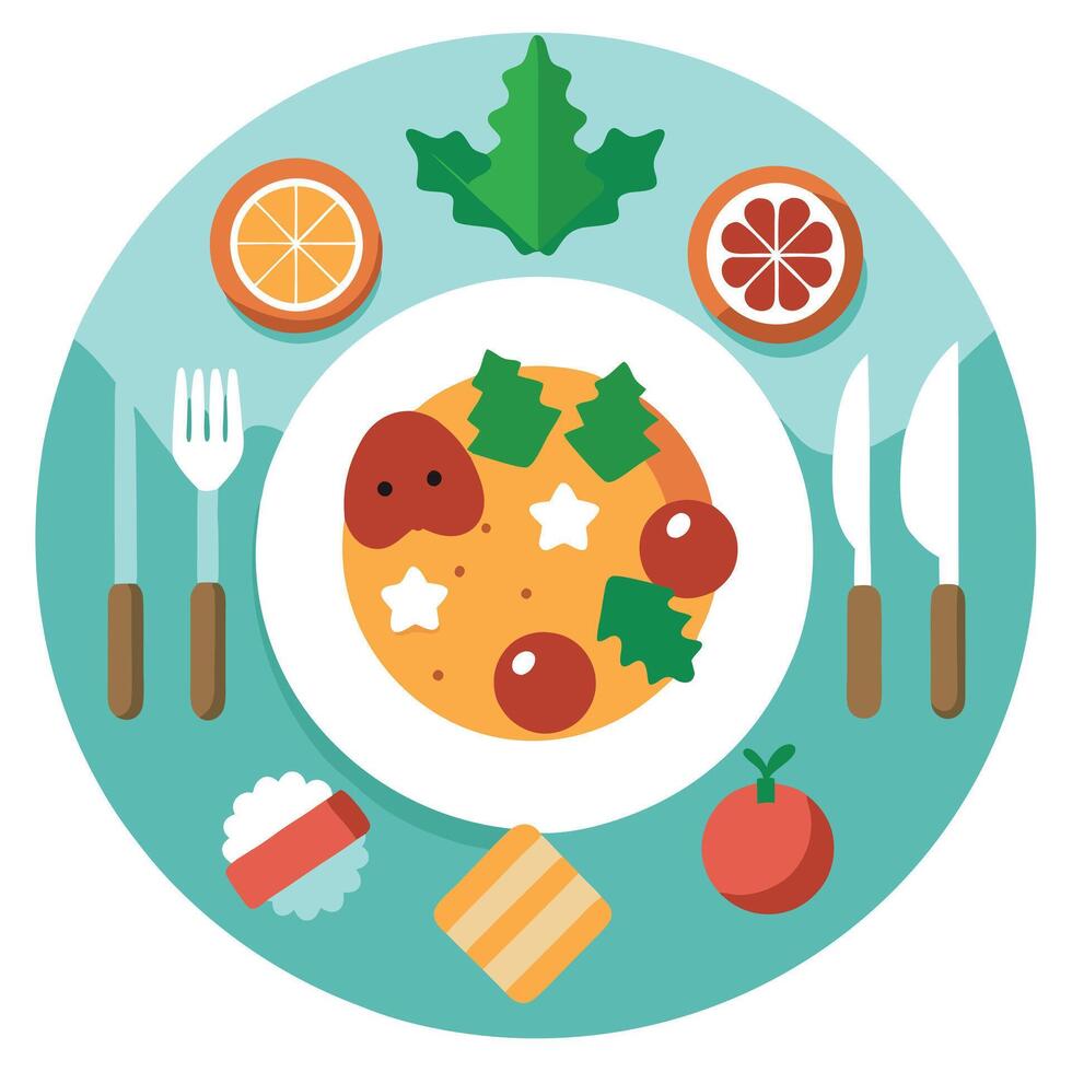 Overhead view of a luxury festive christmas meal dinner plate with decorations vector