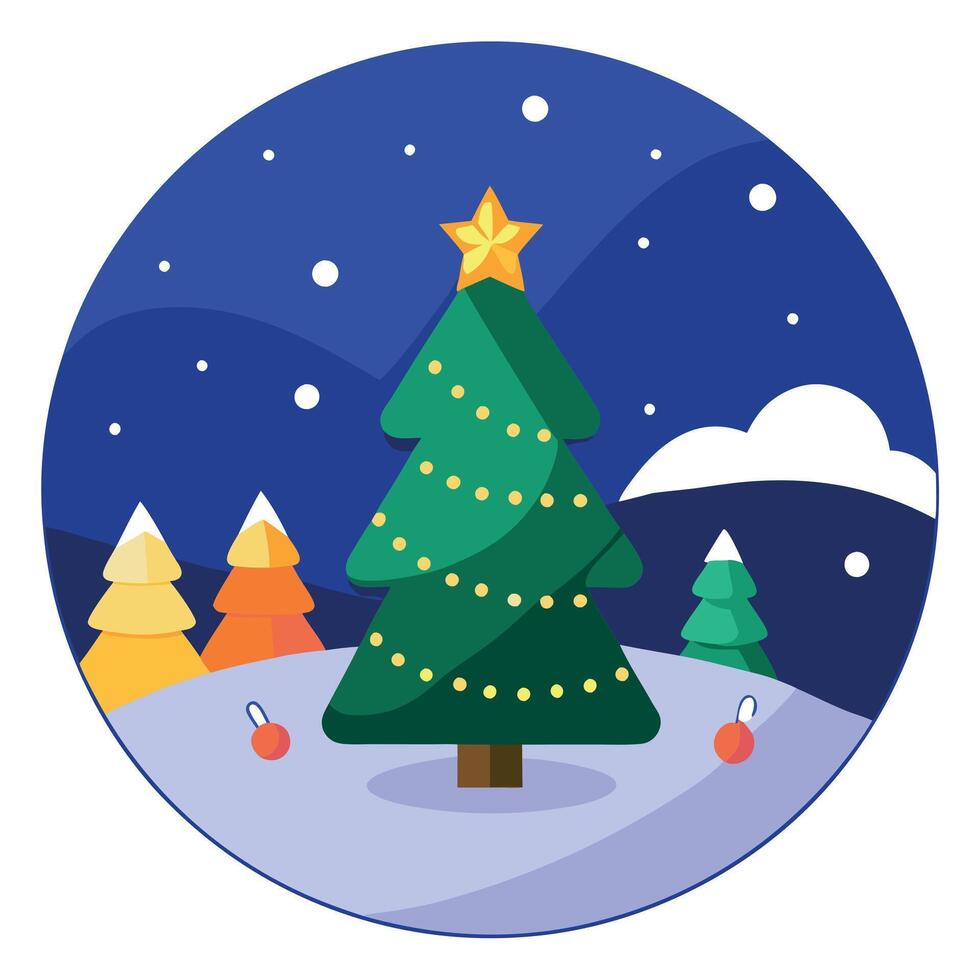 Christmas tree in the snow with stars and snowflakes vector