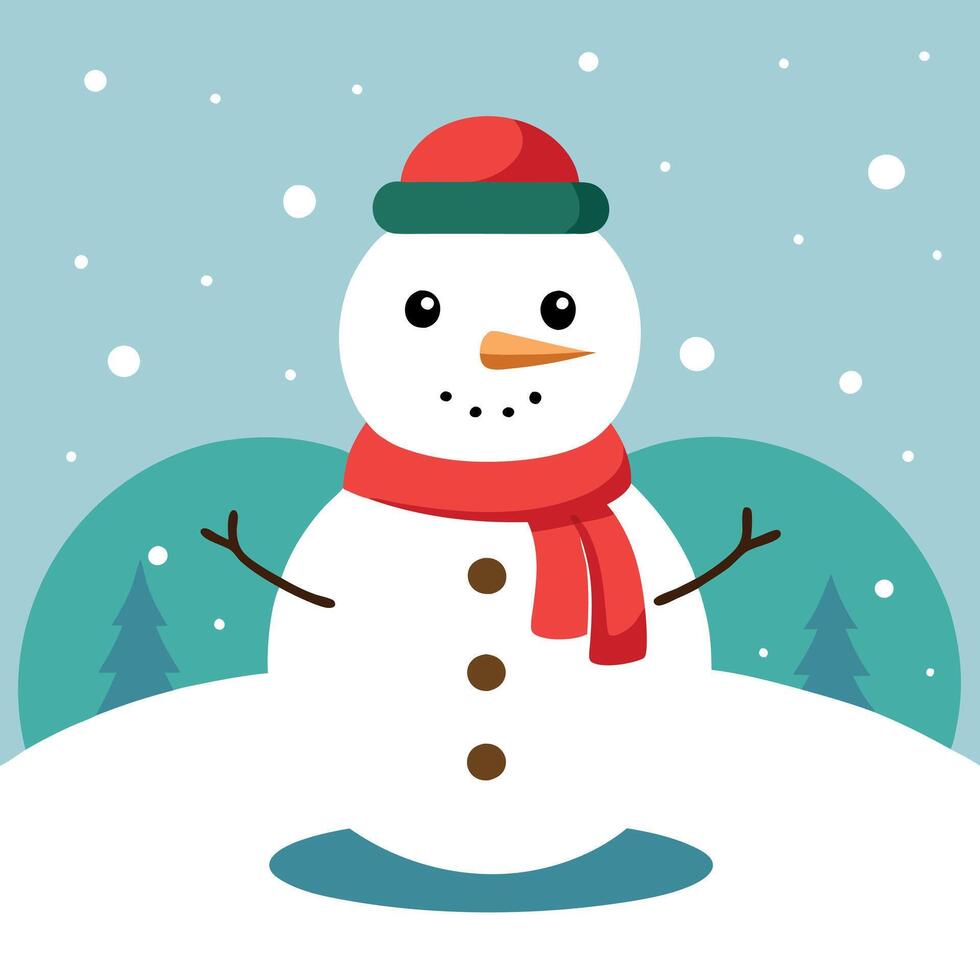 Cute snowman standing on snowy field in winter christmas festive. vector