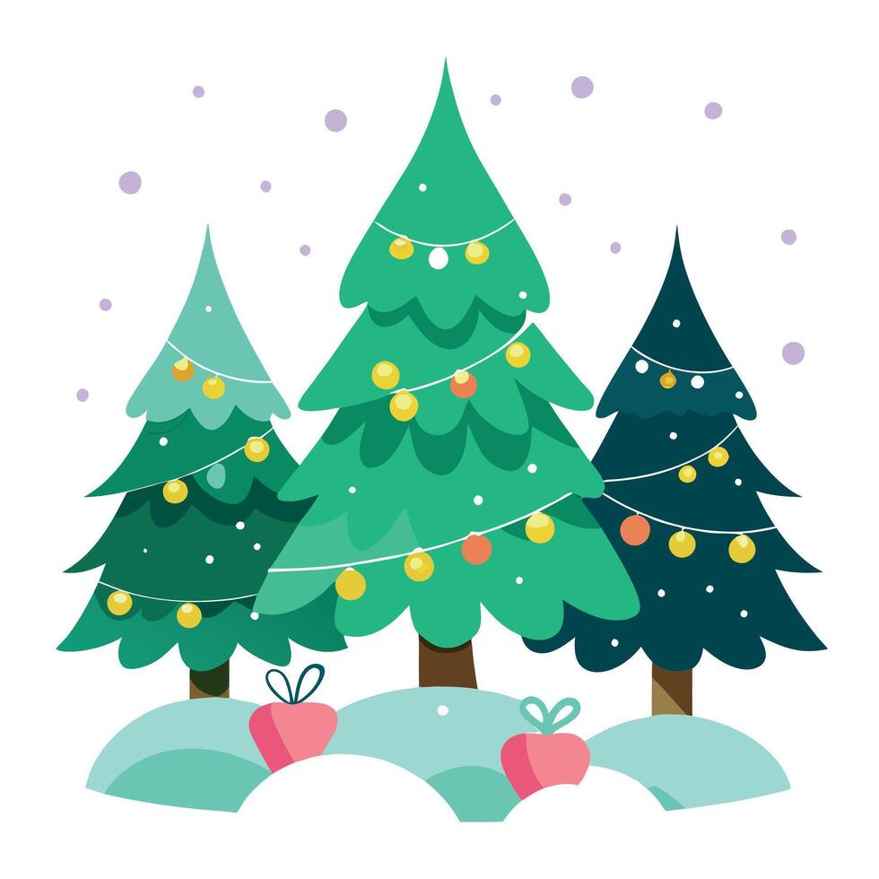 Trees with christmas lights in winter. snowing. christmas holiday season. Art vector