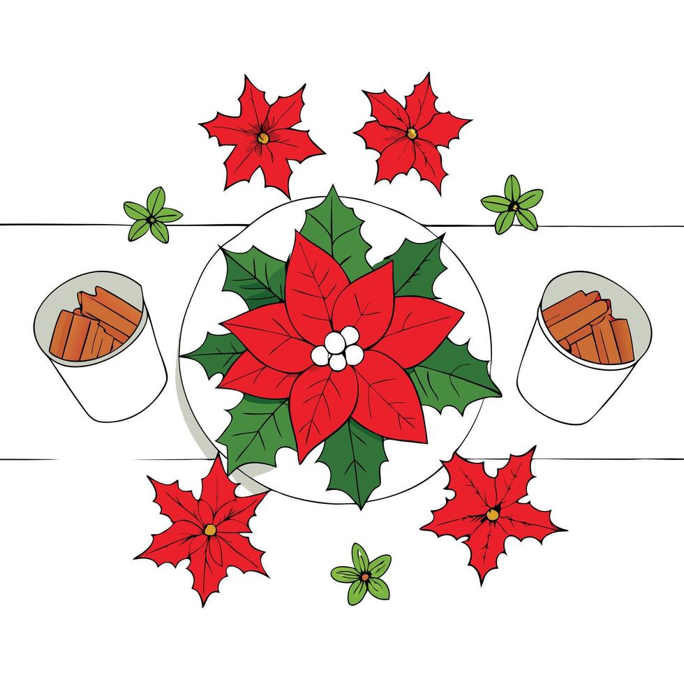 Flat lay composition with poinsettias and holiday decor on white wooden table. vector