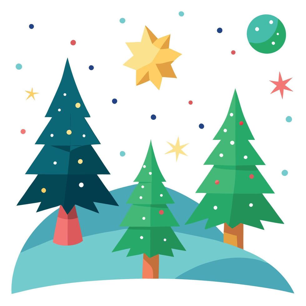 Xmas background. Christmas trees with colored stars falling. vector