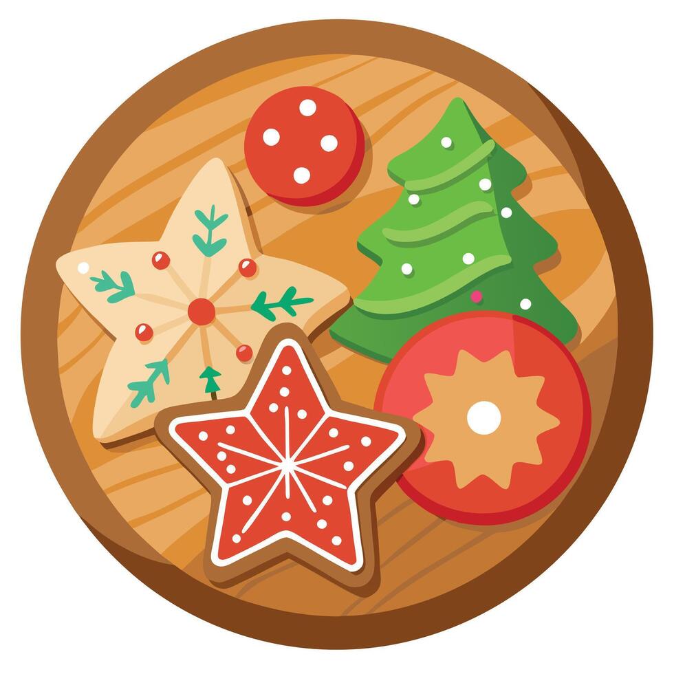 Tasty decorated christmas cookies on wooden background vector