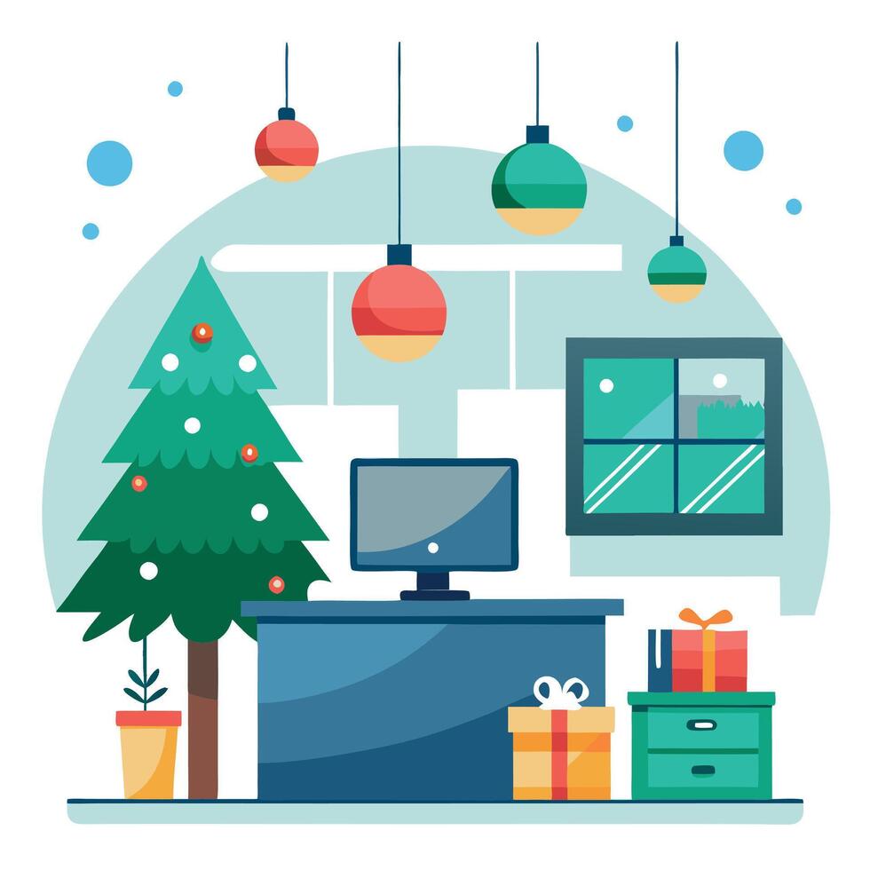 Modern office lobby with christmas decorations baubles gifts tree technology vector