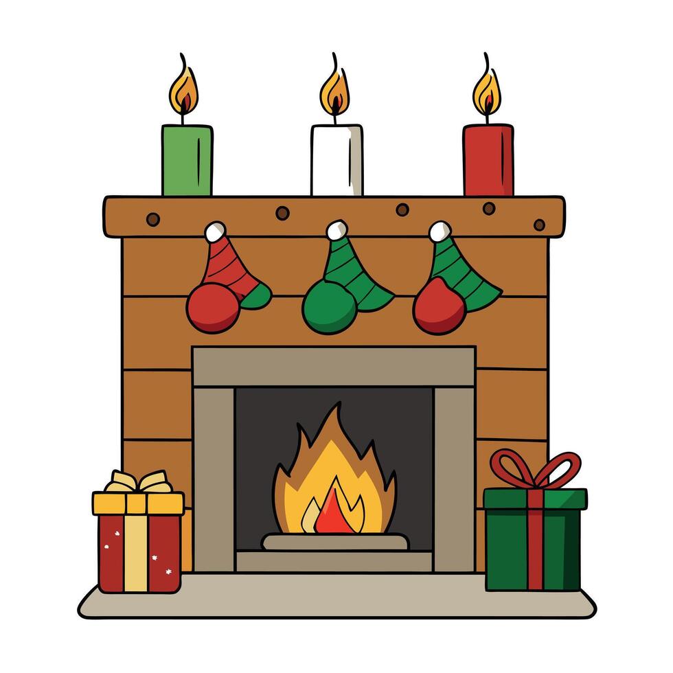 Fireplace with christmas decorations and candles in a rustic and cozy living room. vector
