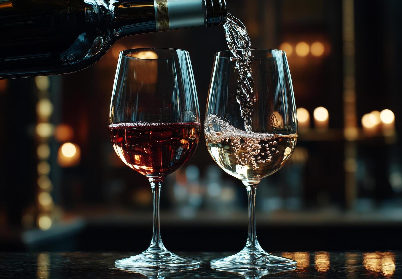 Pouring red and sparkling wine into glasses at a cozy bar during evening hours photo
