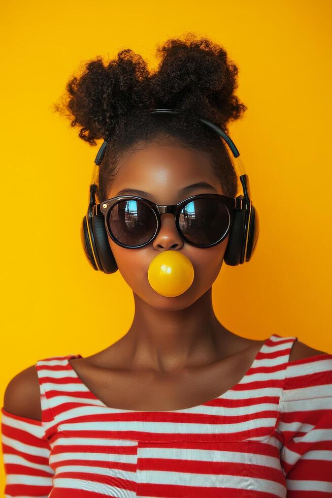 Young girl with headphones blowing bubble gum against a bright yellow background photo