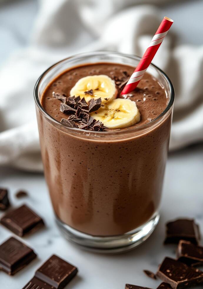 Decadent chocolate banana smoothie topped with chocolate pieces and a striped straw photo