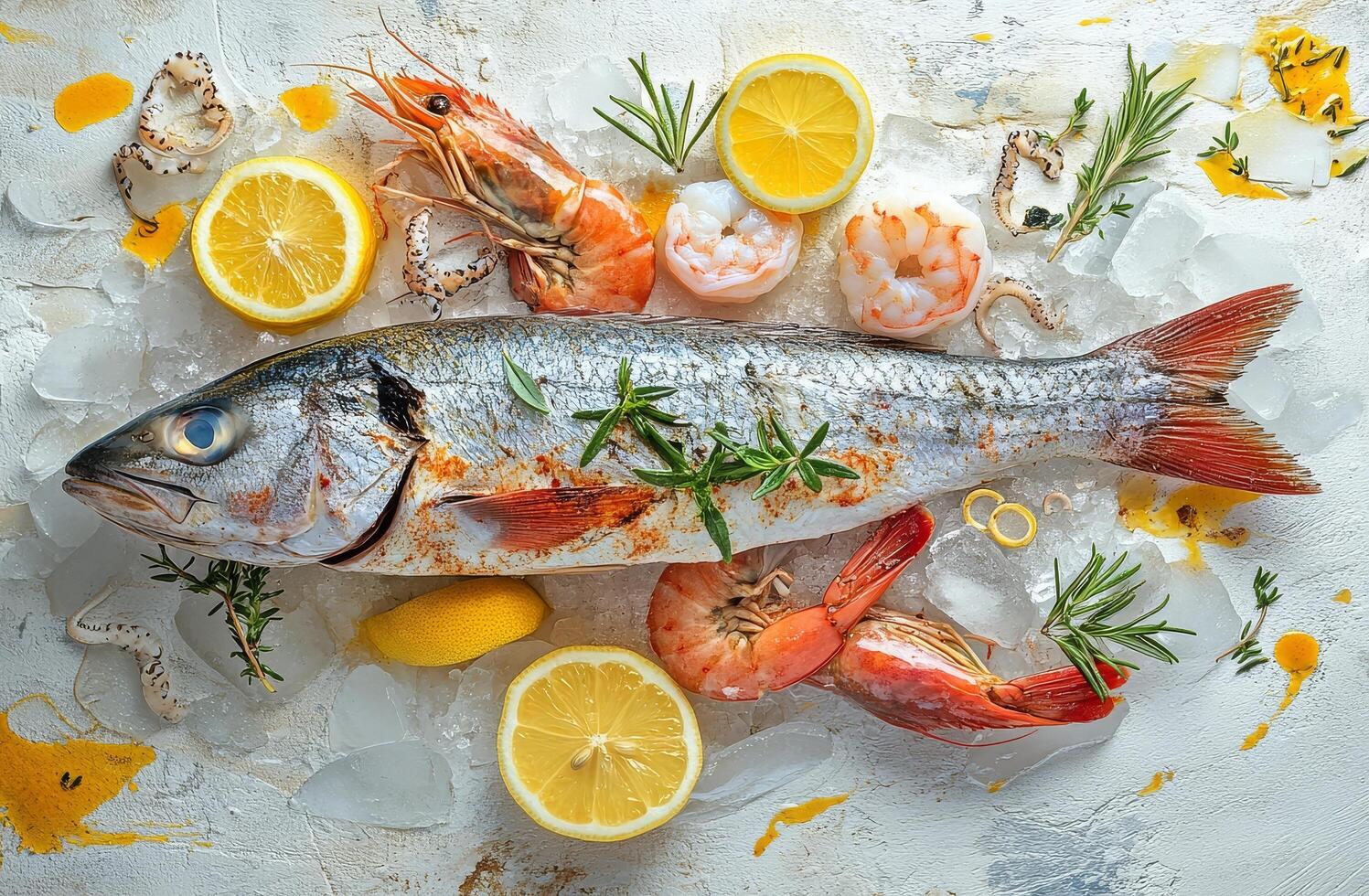 Freshly caught seafood platter with shrimp, fish, and lemon garnishes arranged on ice photo