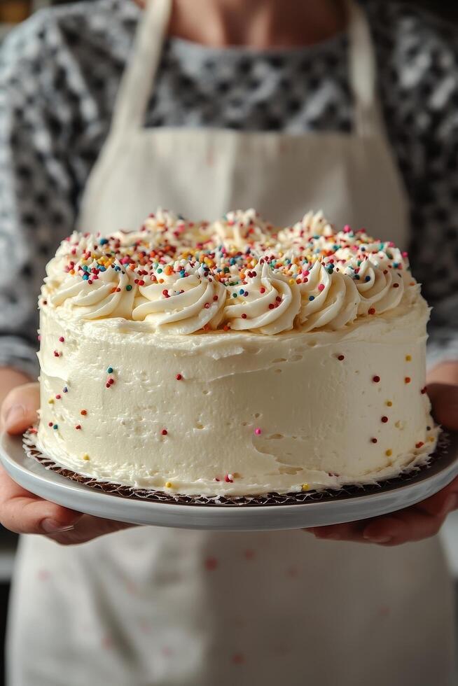 A smiling baker presents a decorated cake topped with colorful sprinkles in a cozy kitchen photo