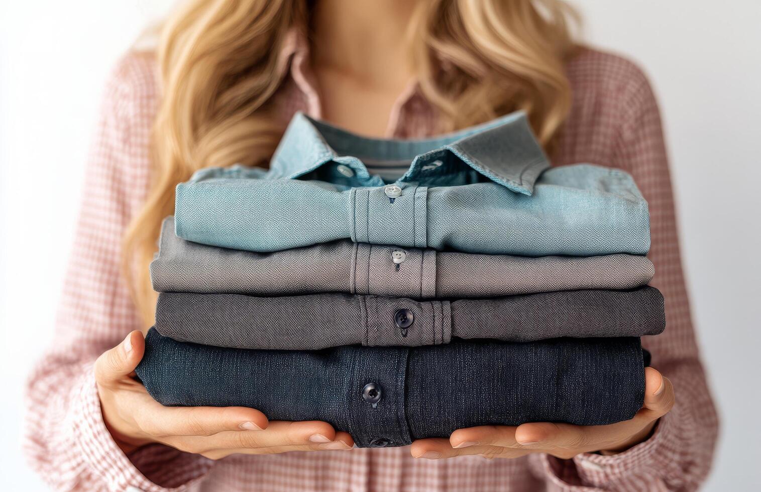 Woman holding a stack of neatly folded shirts in various colors against a light background photo