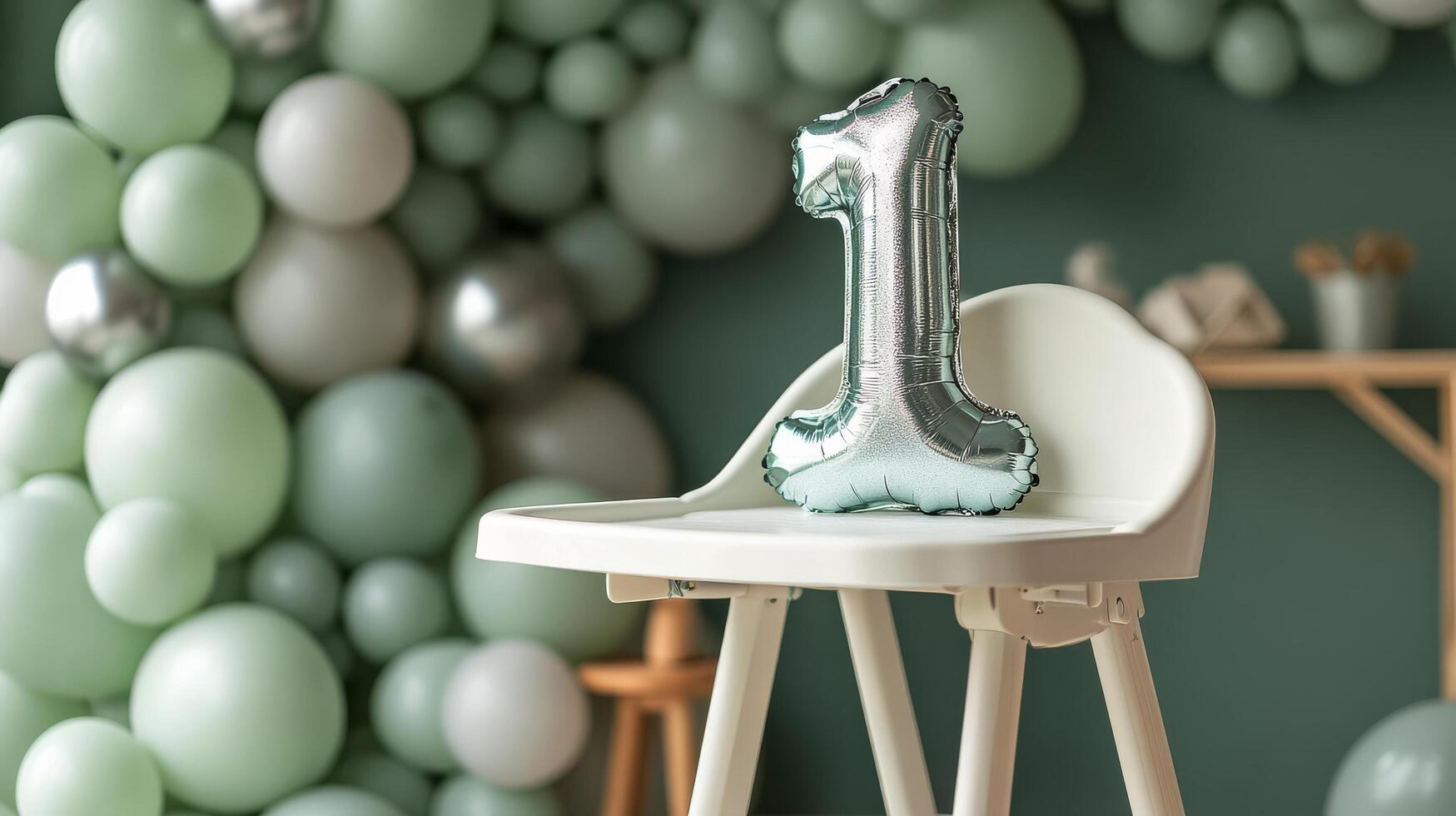 Silver number one balloon on a high chair in a softly decorated birthday backdrop photo