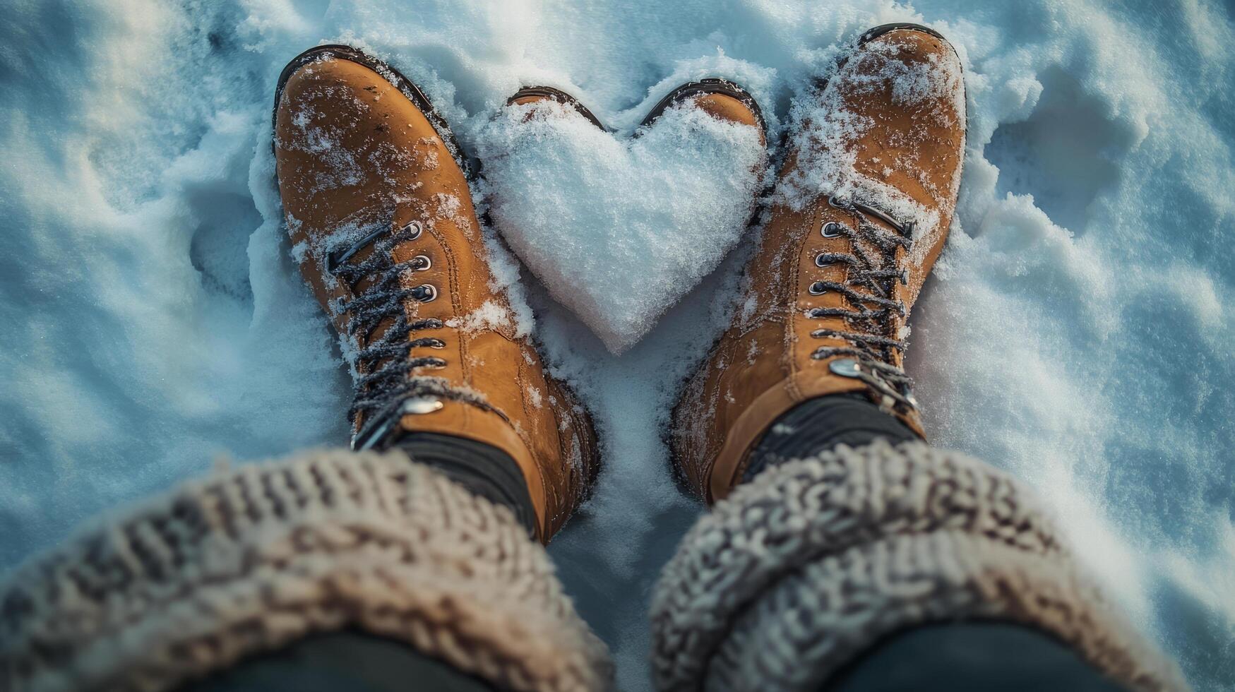 Creating a heart shape in freshly fallen snow with brown boots and cozy knit leg warmers photo