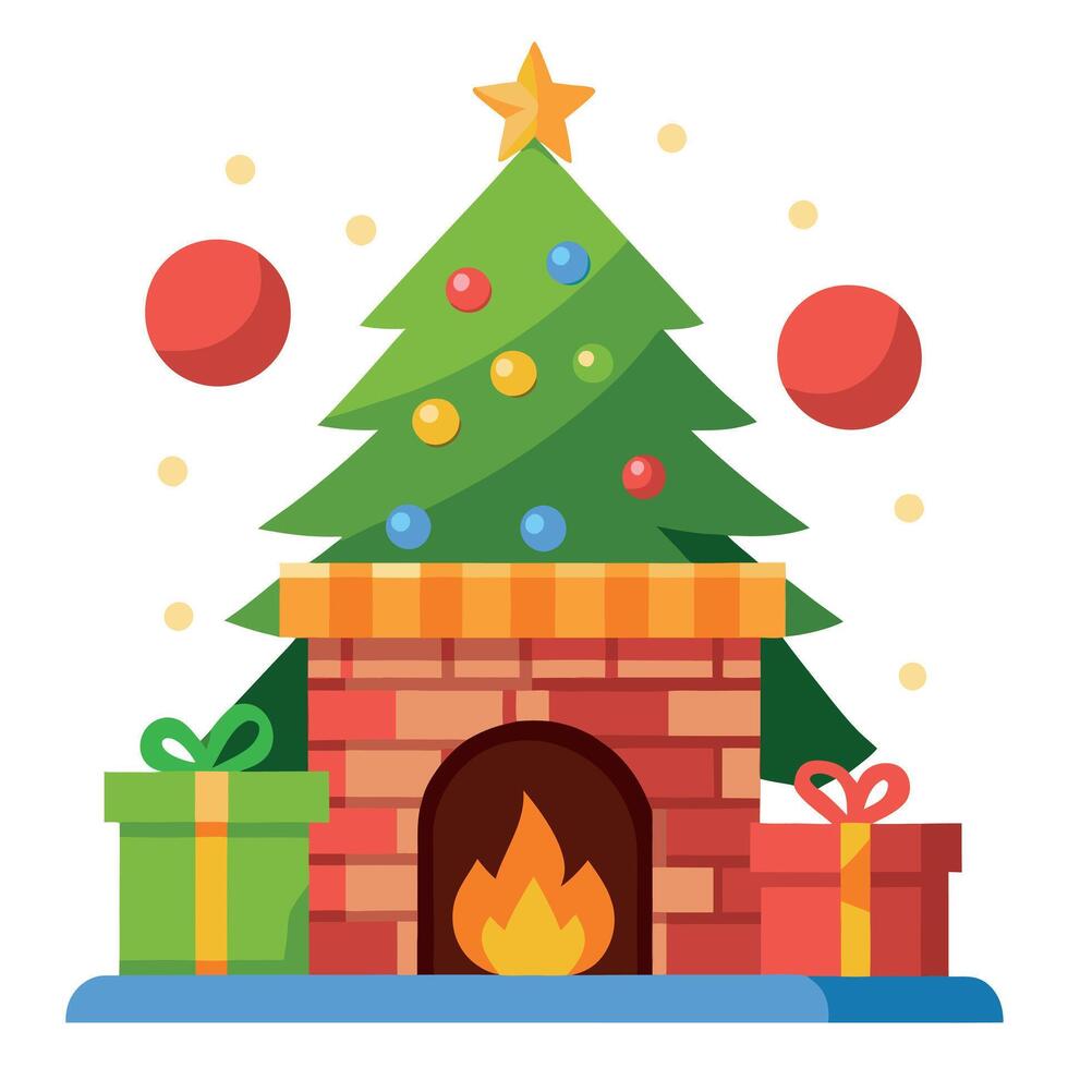 Fireplace with christmas tree and christmas decorations vector