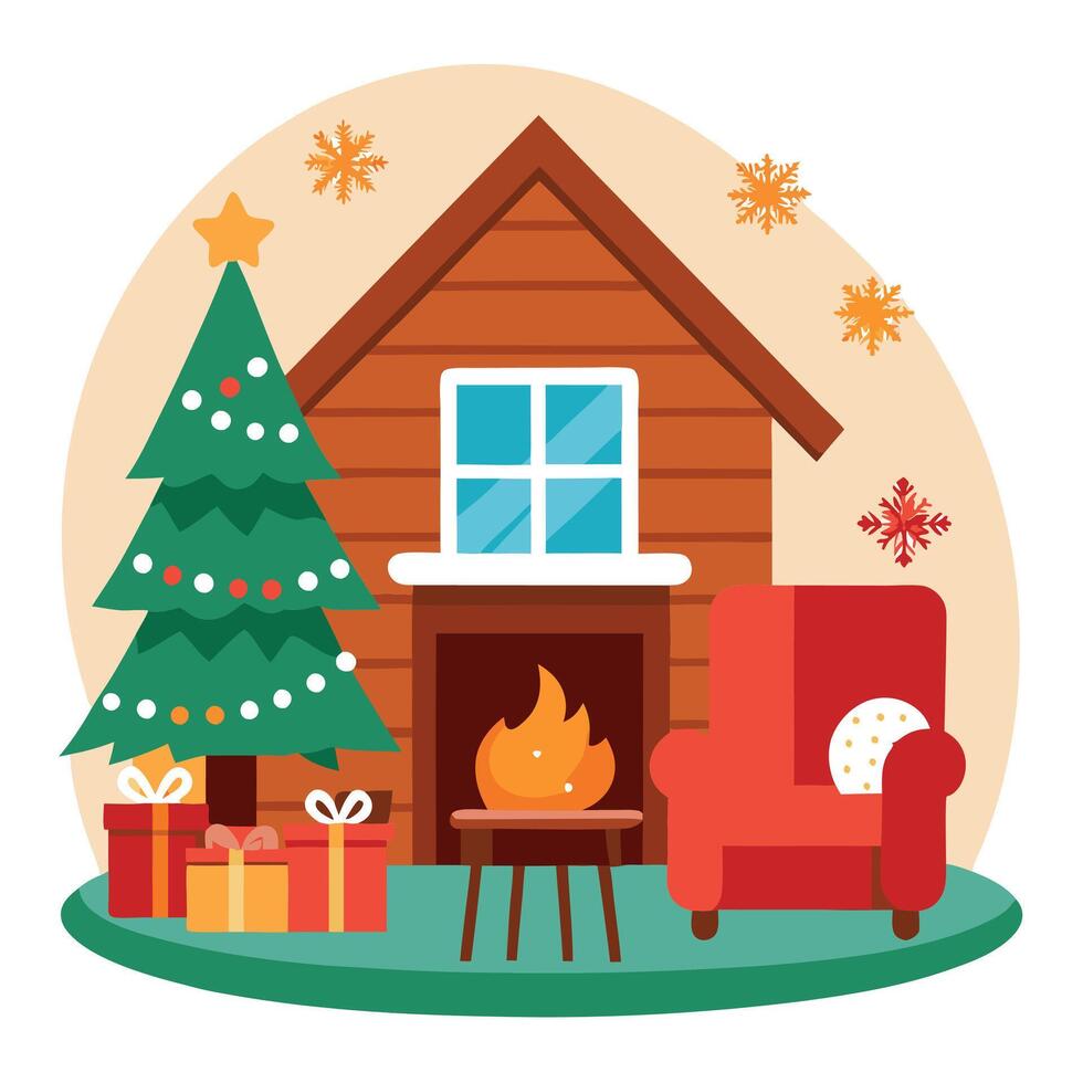 Rustic wooden living room interior with christmas tree decoration. White winter season at home. vector