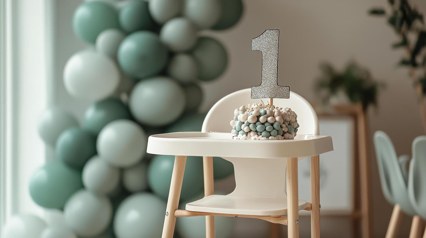 Silver number one balloon on a high chair in a softly decorated birthday backdrop photo