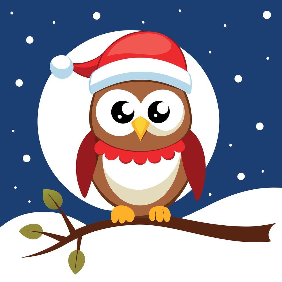 Funny christmas owl with santa hat in the night on a snow covered branch vector