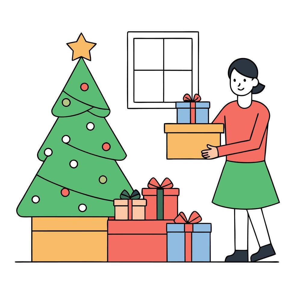 Woman packing bunch of christmas gifts in decorated living room. Xmas spirit idea vector