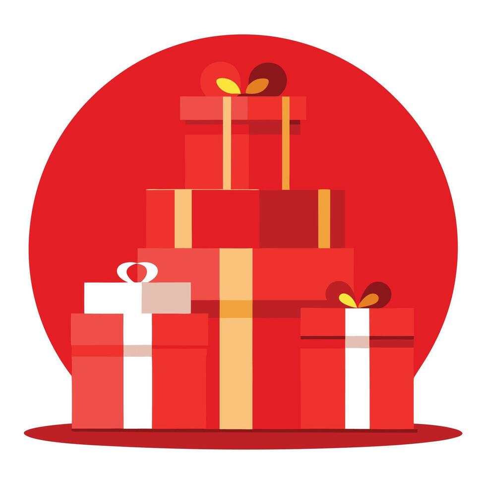 A stack of various red christmas presents on a red background vector