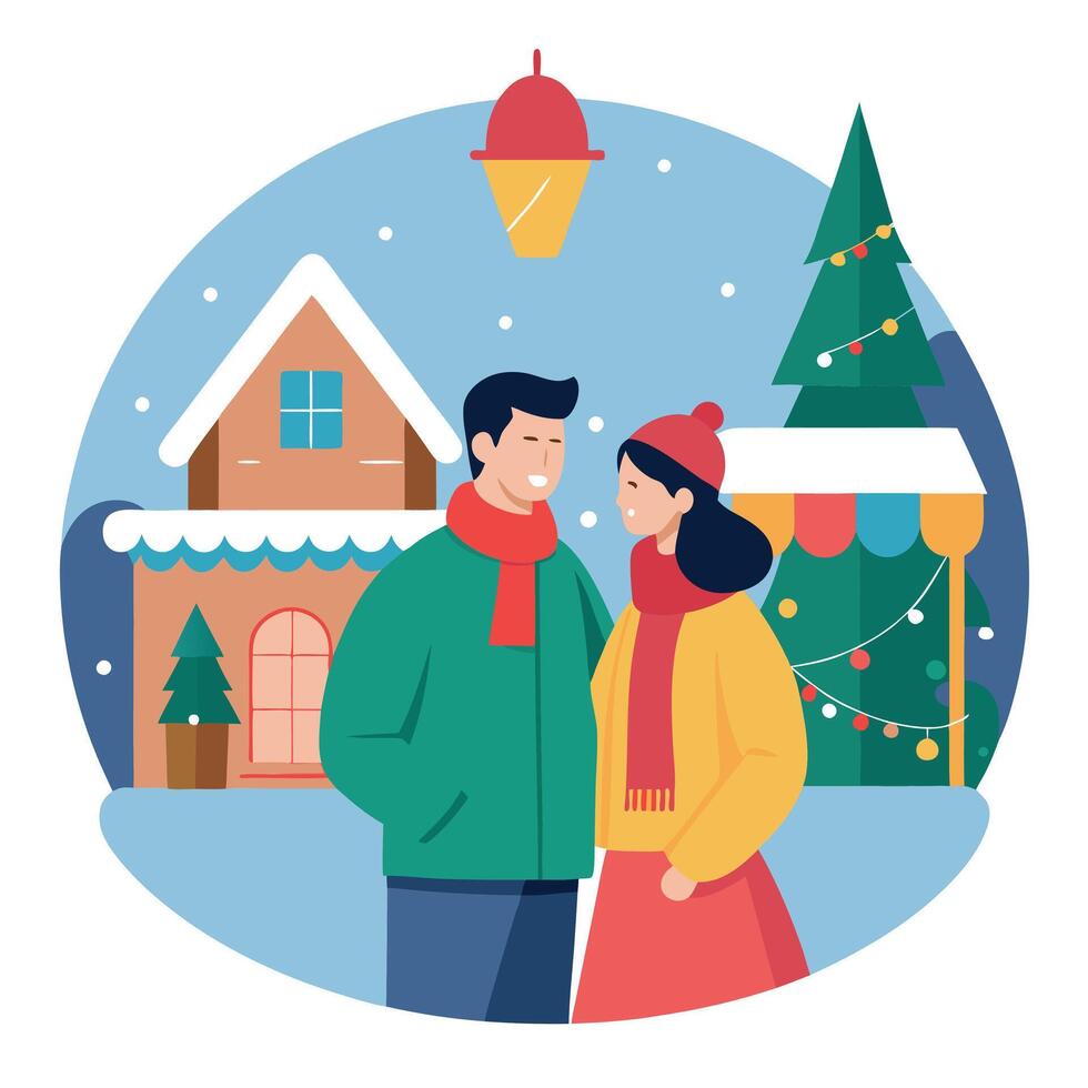 Romantic couple on christmas market in winter illustration vector