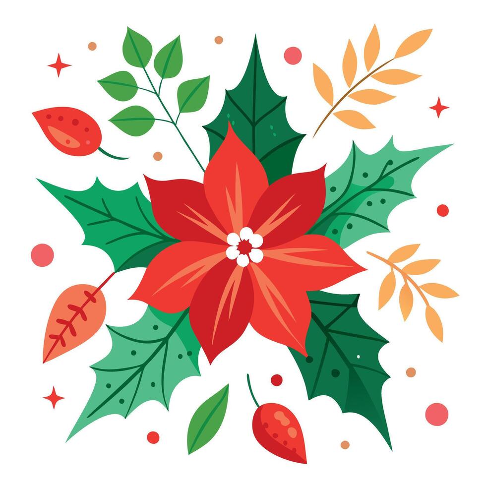 A christmas background with poinsettis and holly leaves. vector