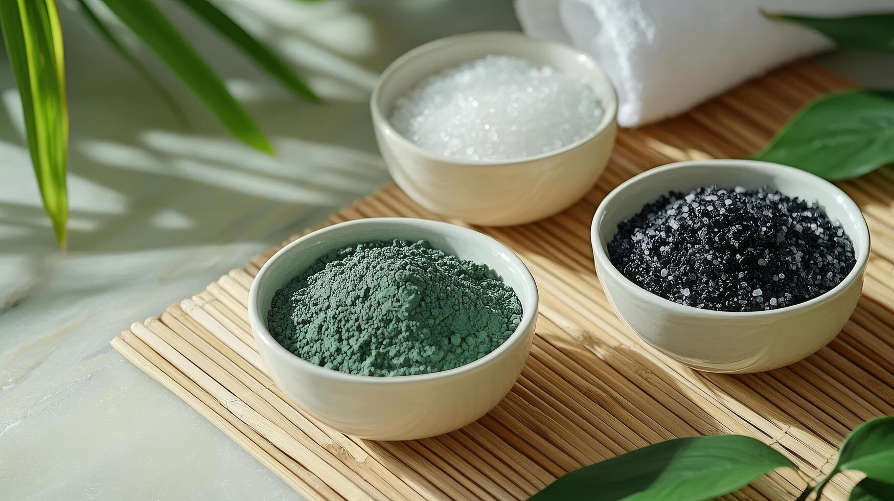 Three bowls of natural mineral powders displayed on a bamboo mat surrounded by lush green foliage photo