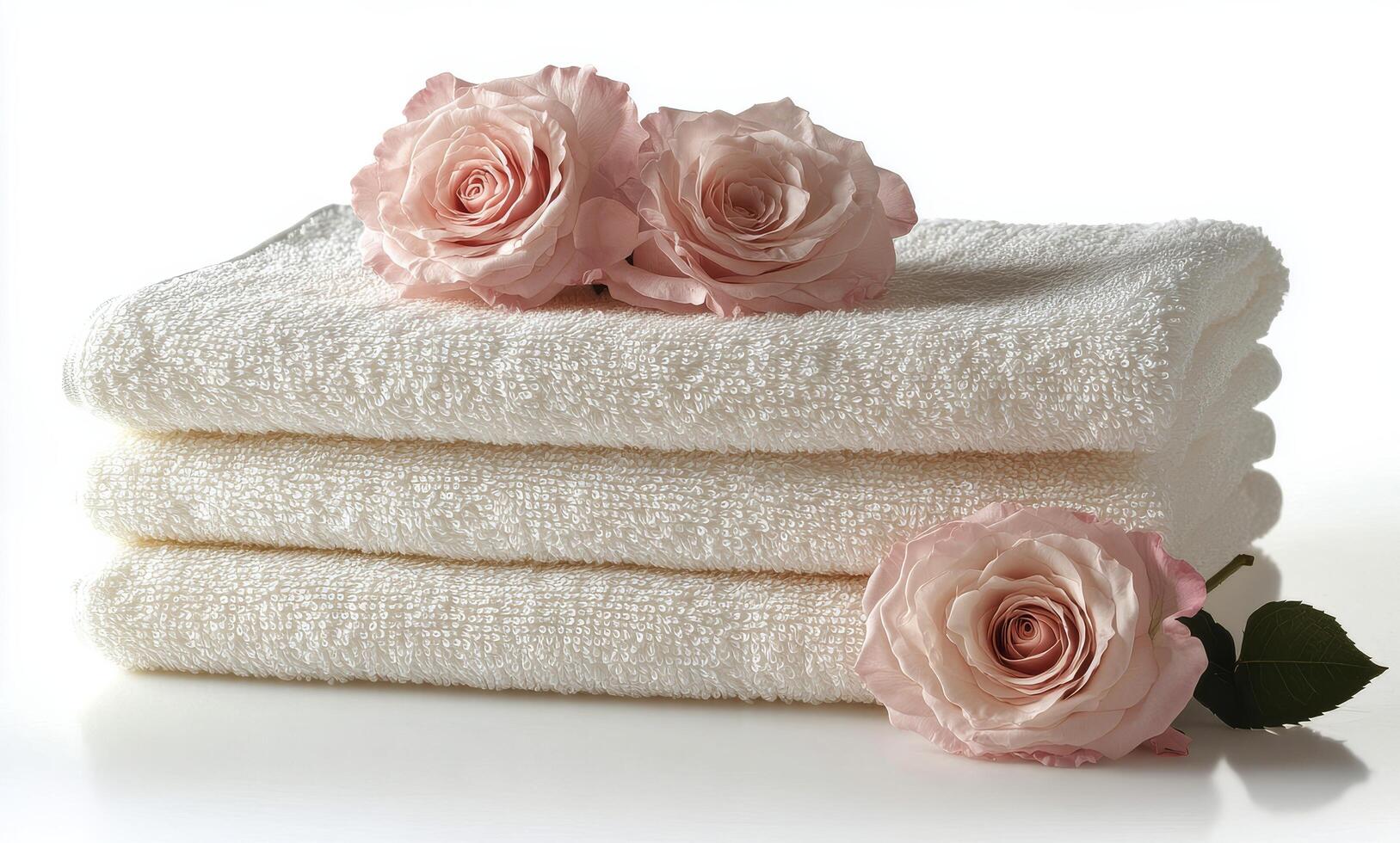 Neatly arranged white towels with fresh pink roses on a soft surface in a serene setting photo