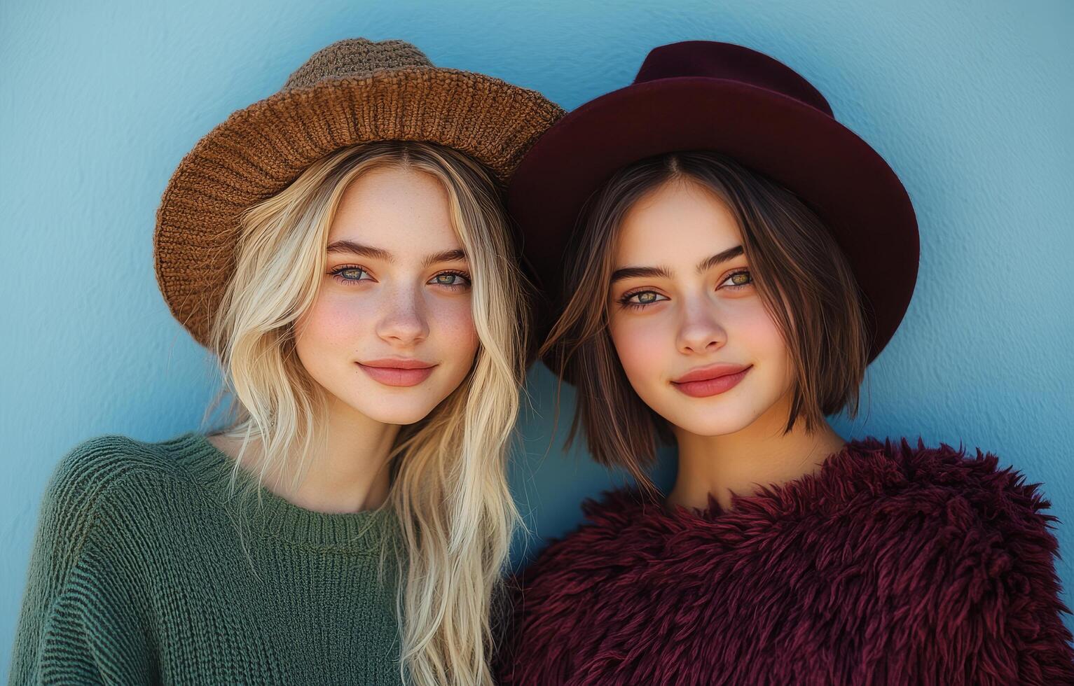 Two young women in stylish hats pose in front of a blue wall on a sunny day photo