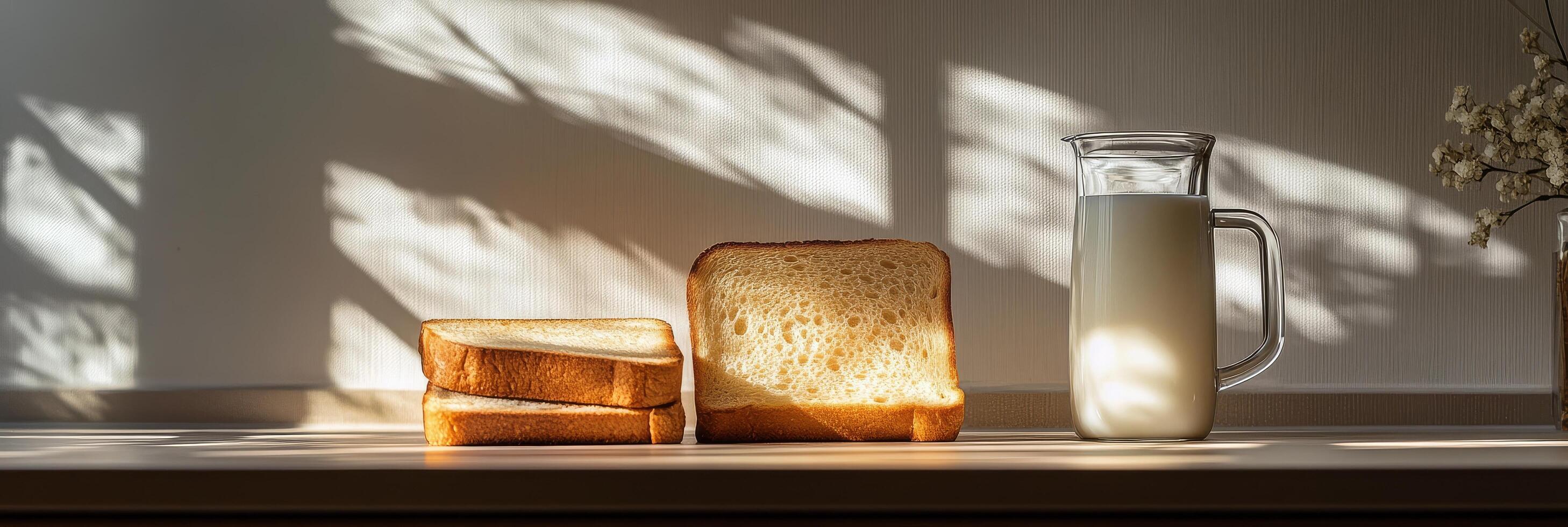 A modern toaster with two slices of golden brown bread on a kitchen counter with decorative elements photo