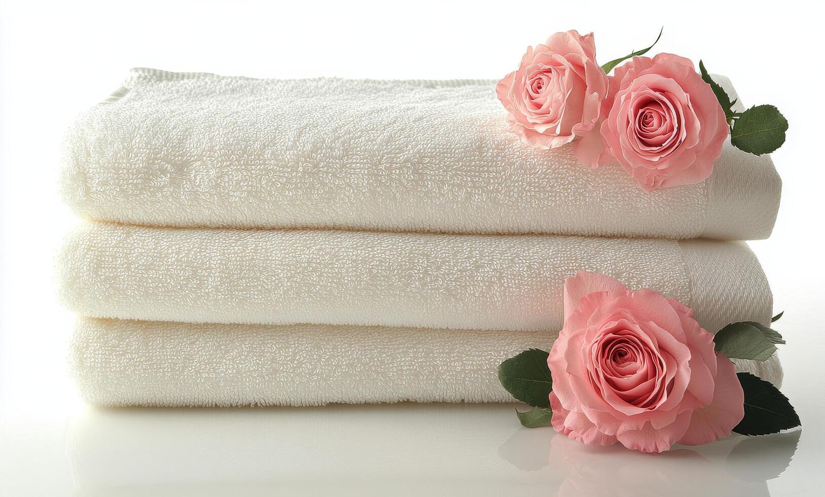 Neatly arranged white towels with fresh pink roses on a soft surface in a serene setting photo