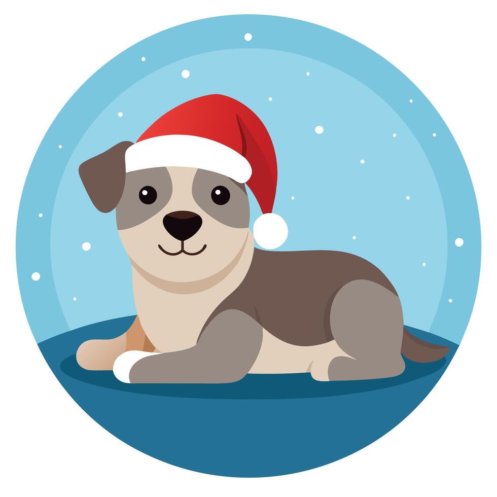 Cute dog with christmas hat lying down. Christmas background. Bokeh lights effect. vector