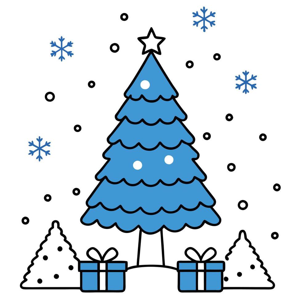 A blue christmas tree with presents under it in the snow with snowflakes and a star on top of it. vector