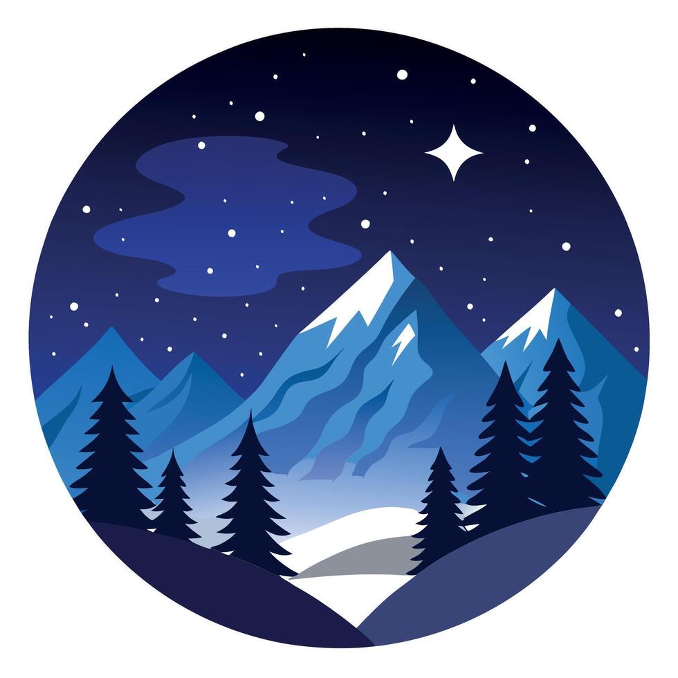 Forest on a mountain ridge covered with snow. milky way in a starry sky. christmas winter night. vector