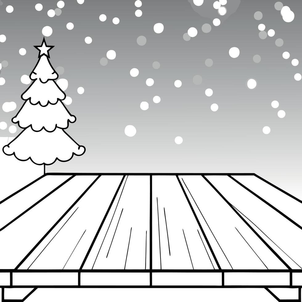 Wooden table in front of blurred christmas background with bokeh lights vector