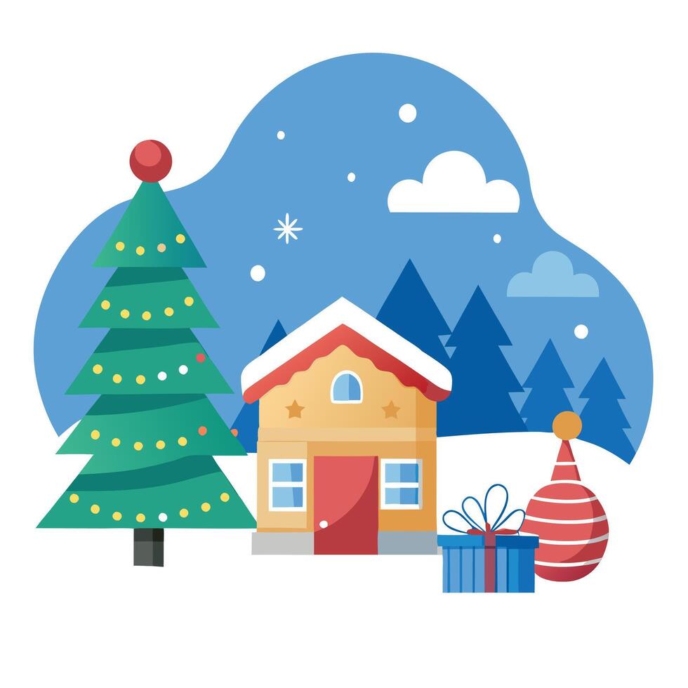 Winter yard with Christmas decorations and Christmas tree. space for text. Christmas background vector