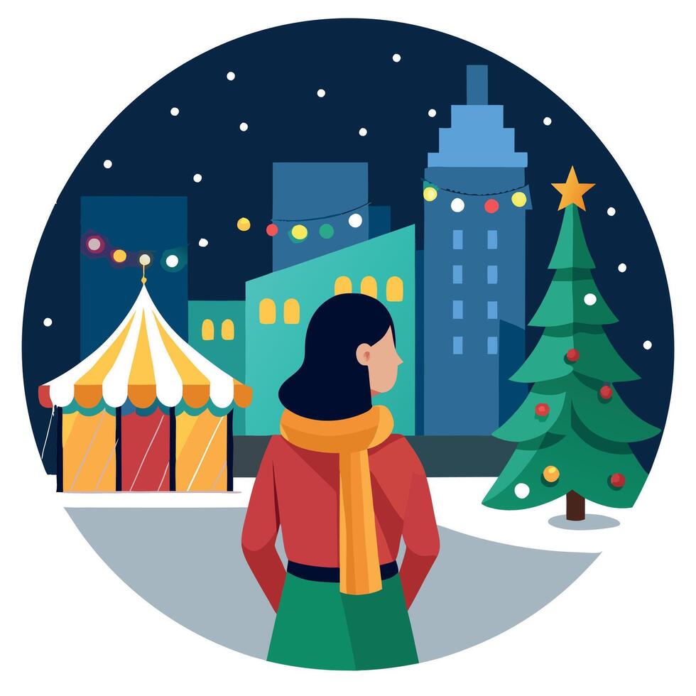 Woman enjoying the view of the christmas fair at night in the city at xmas eve. vector