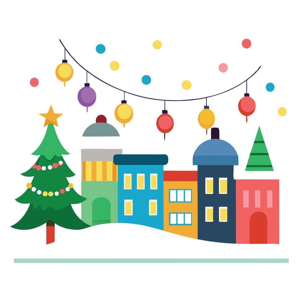 Colorful Christmas lights and decorations on a city street vector