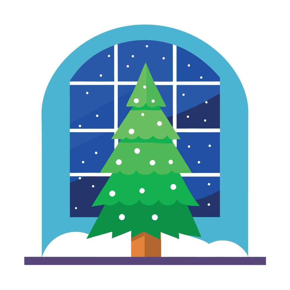 Christmas tree with snowing outside large window Christmas Background vector