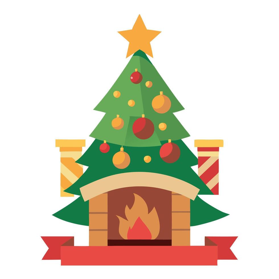 Decorated christmas tree on burning fireplace background. banner with copy space. vector