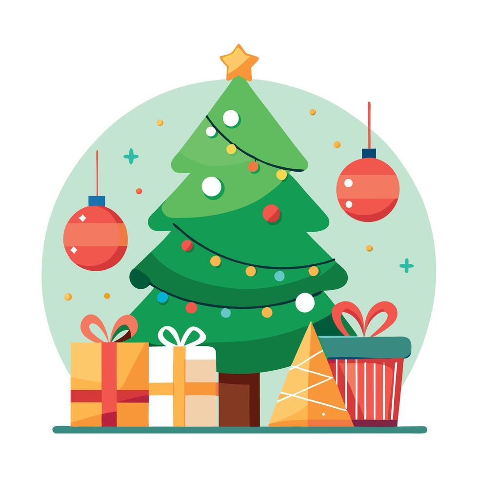 Festive Celebration with Christmas Tree and Decorations. Merry christmas and happy new year concept vector