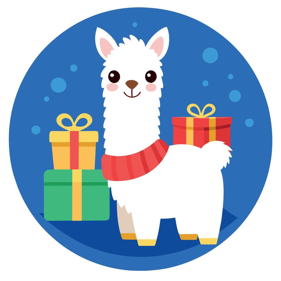 Cute baby llama alpaca with christmas gift boxes on blue background vector