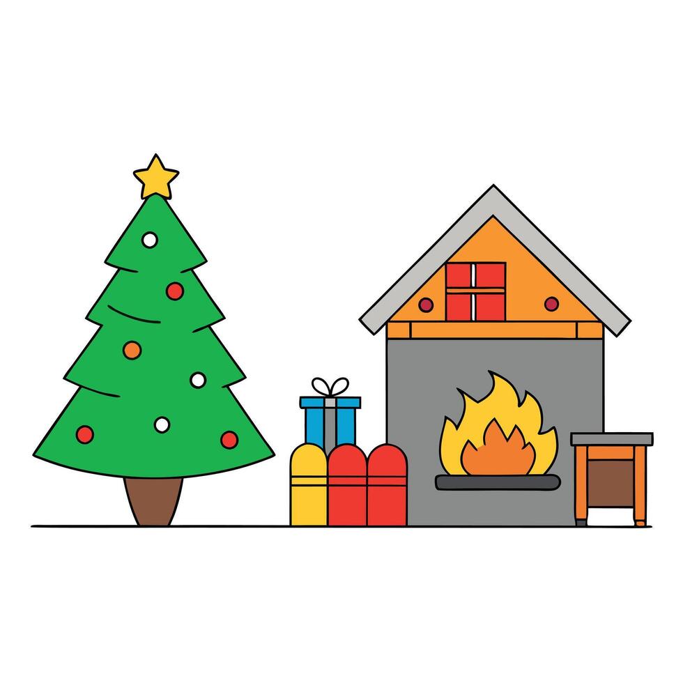 Living room with christmas tree and fire place in the fireplace. vector