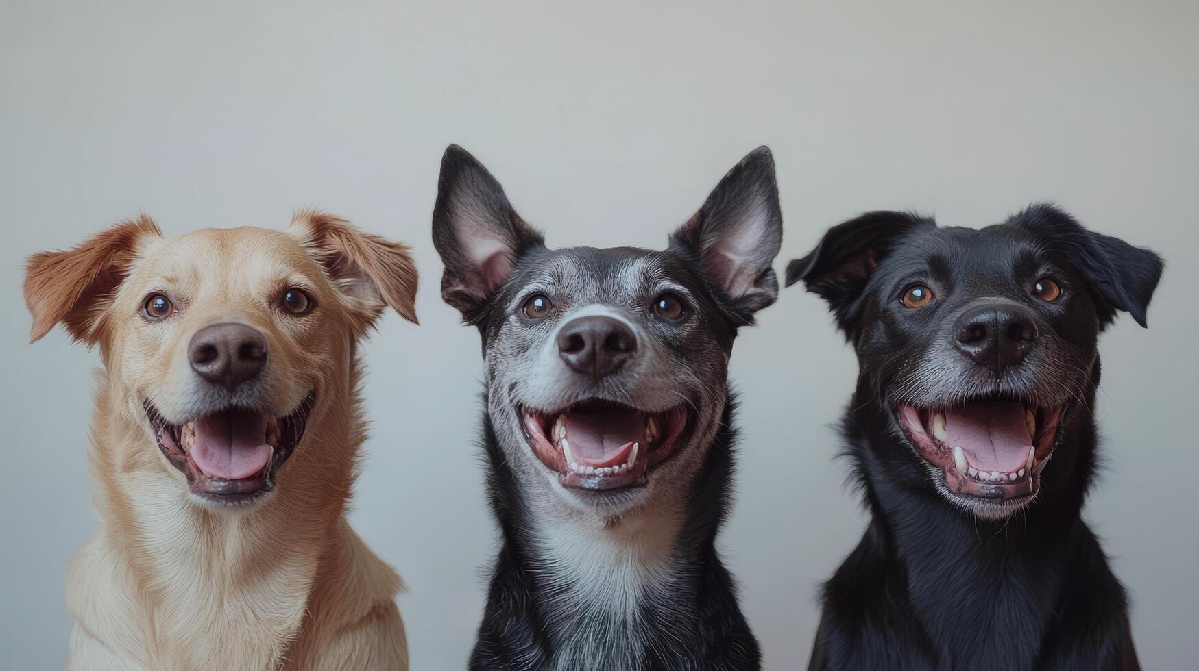Four cheerful dogs posing together in a studio setting with bright backgrounds during the day photo